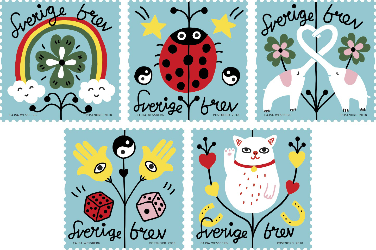 Frimärke med motiv färglada illustrationer.