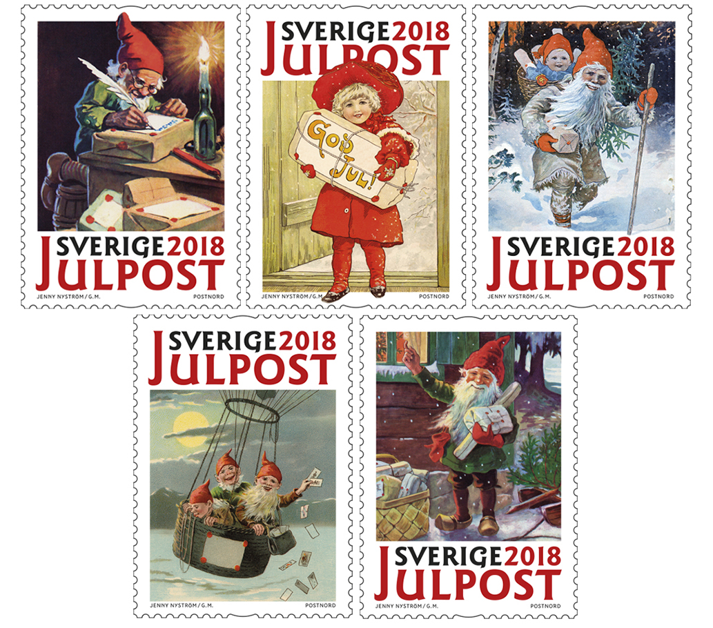 Frimärken med julmotiv av Jenny Nyström.