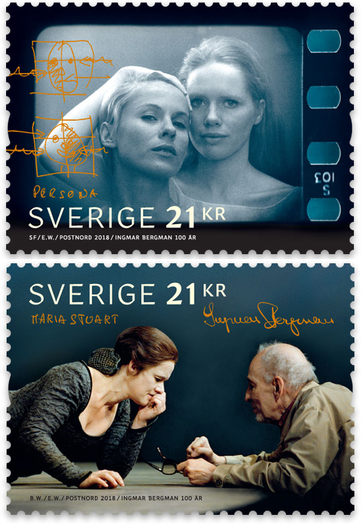 Frimärke med motiv ifrån något av Ingmar Bergmans verk.