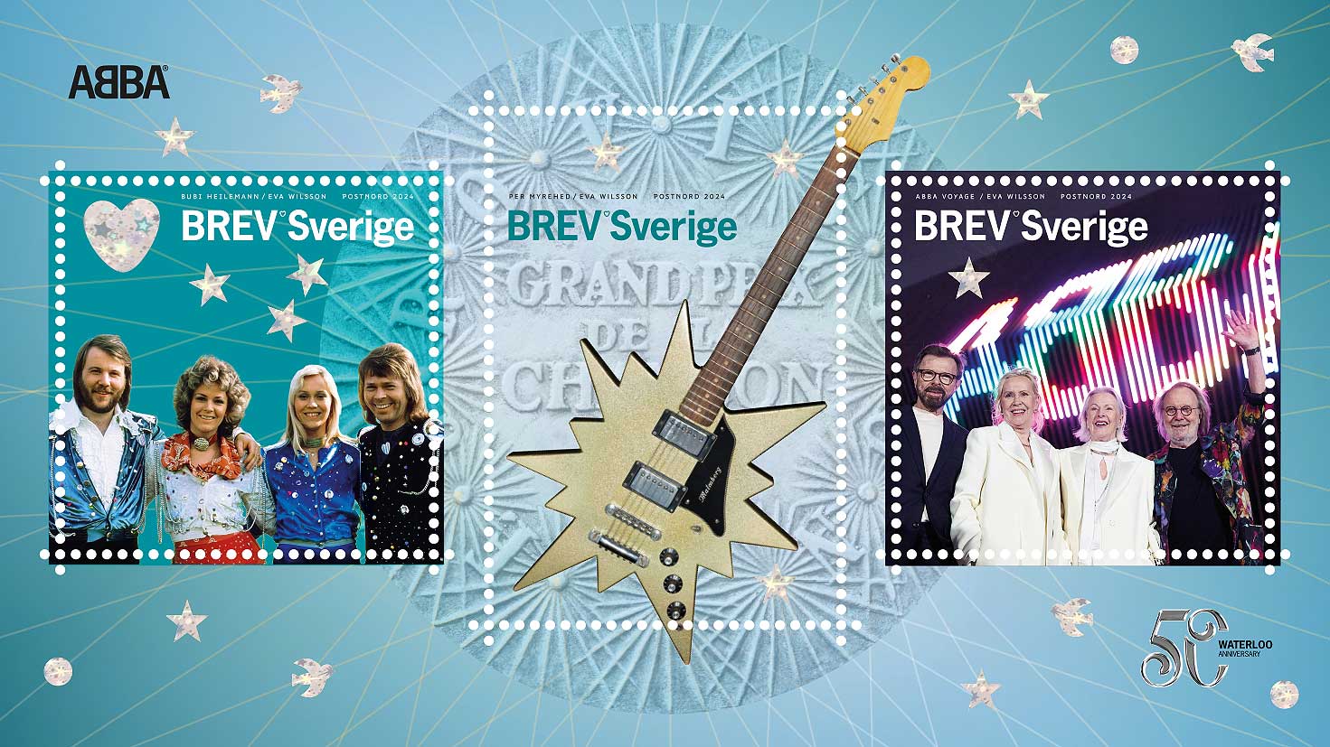 Jubileumsark med ABBA-frimärken.