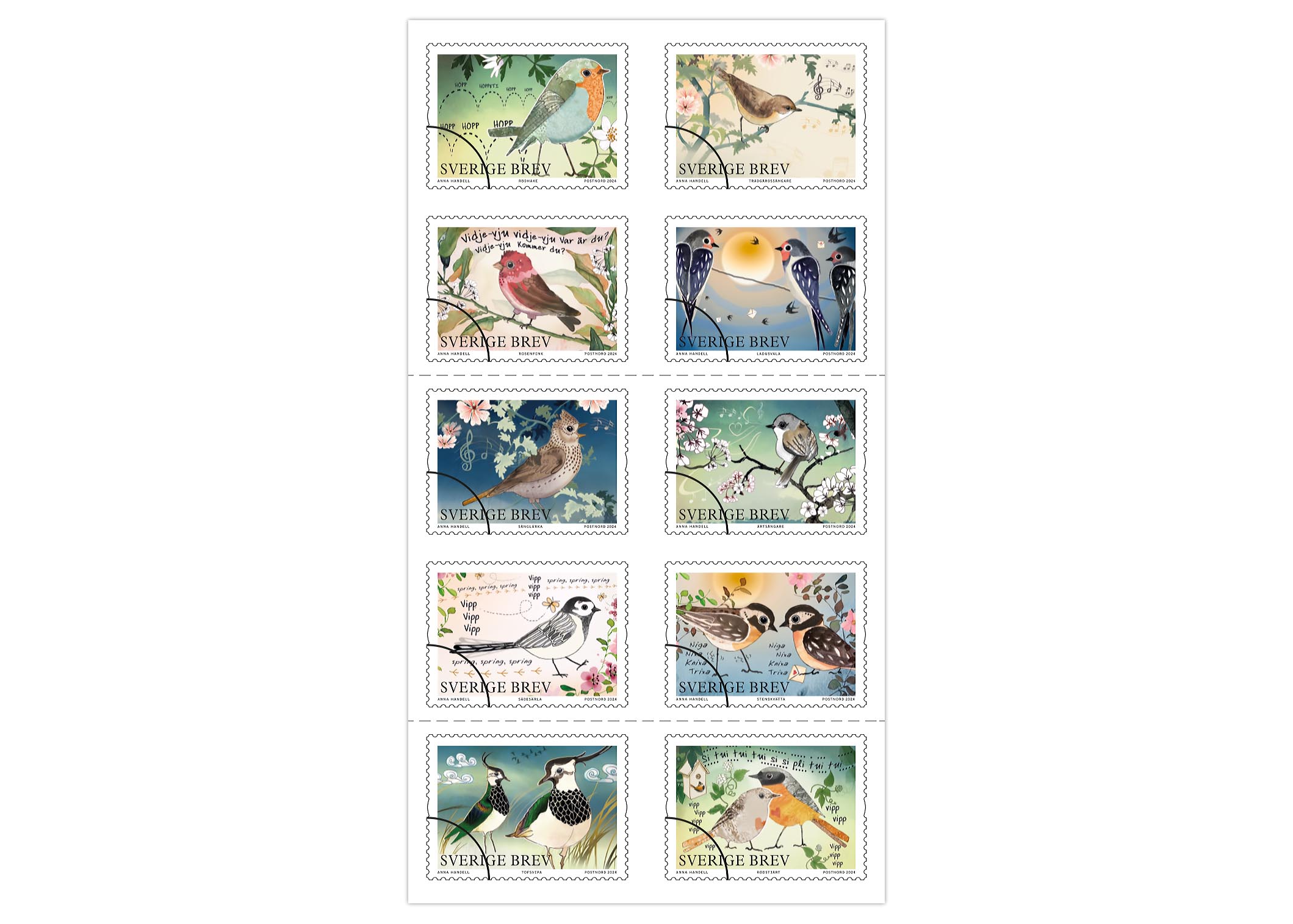 Frimärkshäfte med 10 frimärken, 10 motiv med illustrerade vårfåglar.