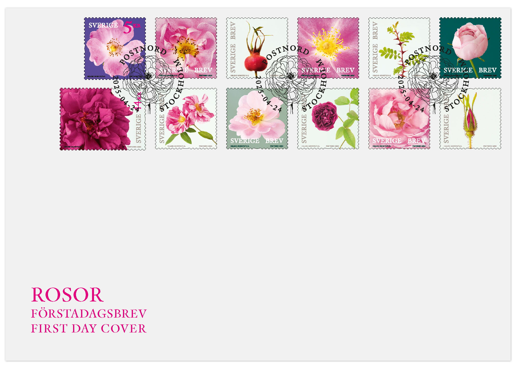 Kuvert med unik utgivningsstämpel och frimärken, alla med olika rosmotiv.