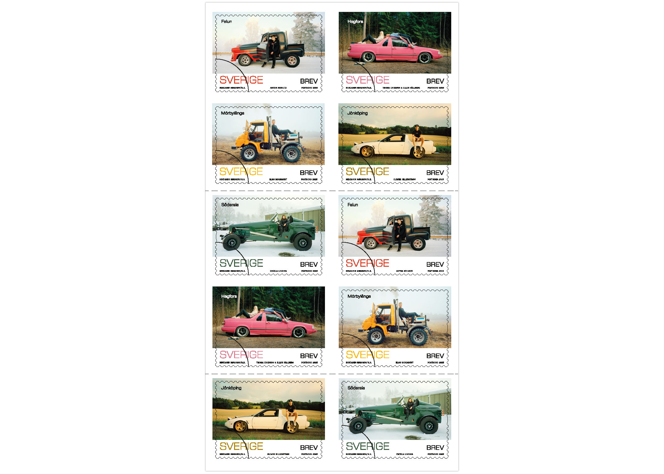 Frimärkshäfte med 10 frimärken, 5 motiv av epa-bilar och deras ägare.