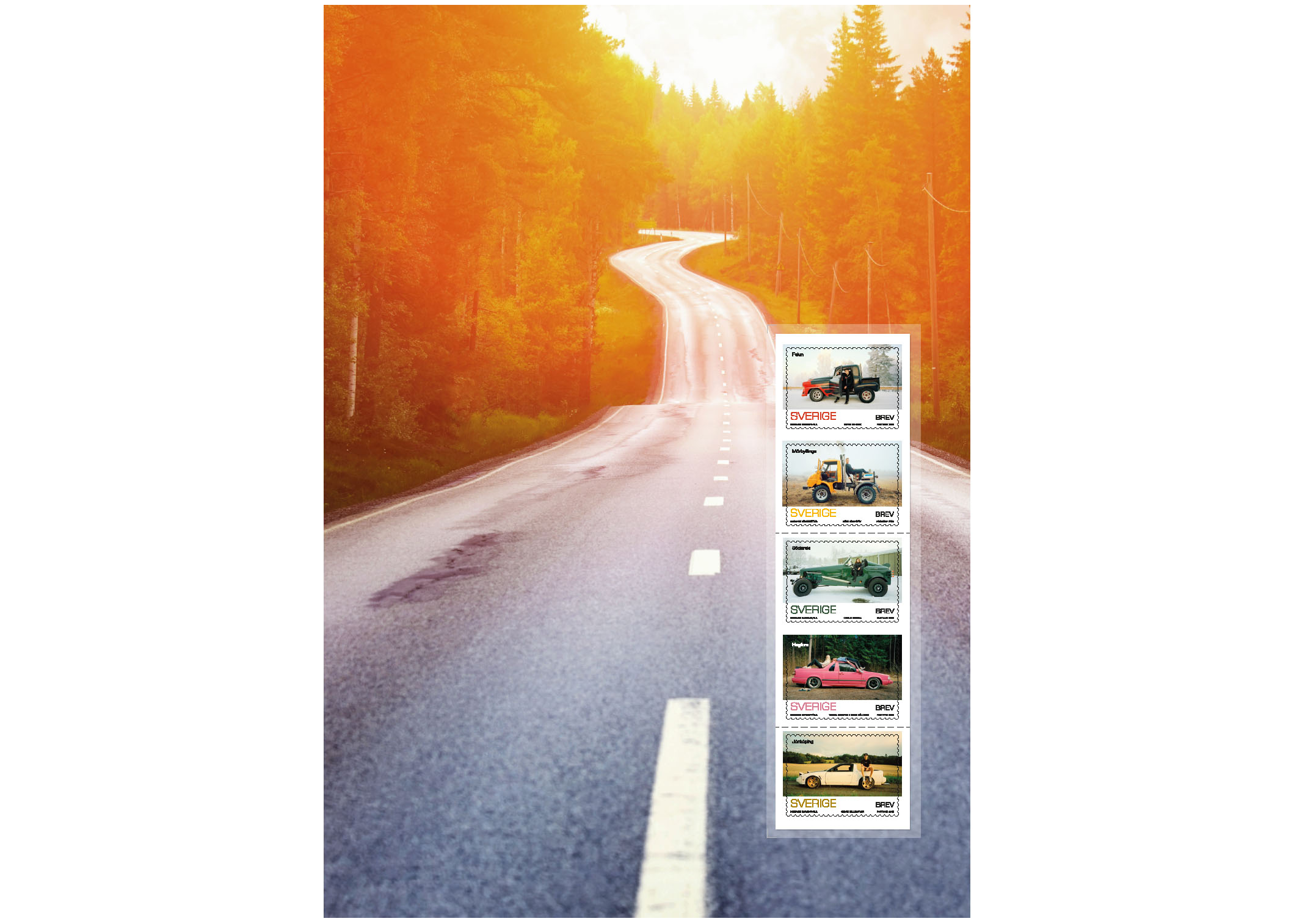 Utfallande bild av en väg genom en sommarskog med fem frimärksmotiv med epa-traktorer och deras ägare.